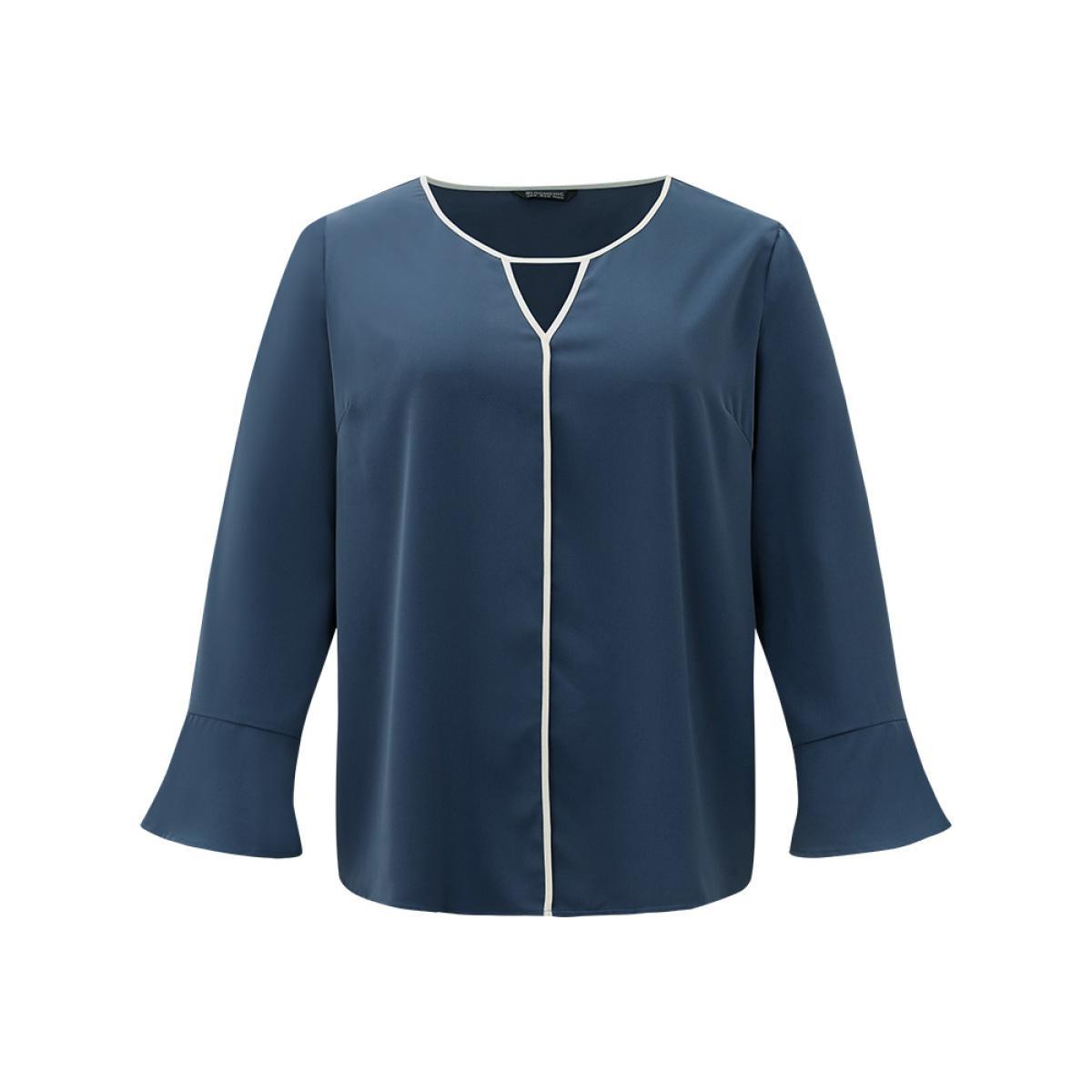 Plus Size Indigo Two Tone Keyhole Bell Sleeve Blouse Women Office Long Sleeve Keyhole Cut-Out Work Blouses BloomChic 28/5X Product Image