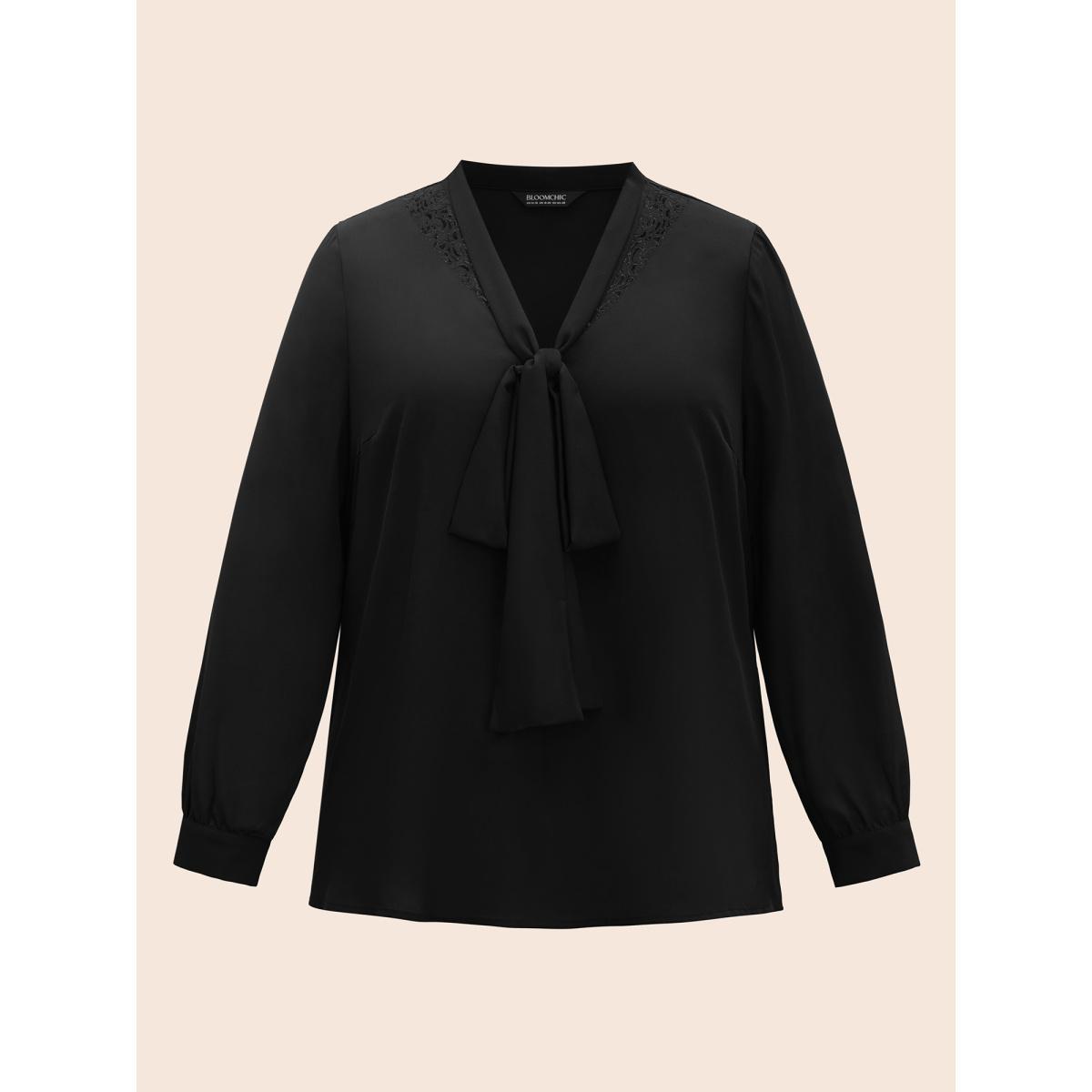 Plus Size Black Lace-Trimmed Adjustable Ties Blouse Women Elegant Long Sleeve Ribbon-tied collar Everyday Blouses BloomChic 12/L Product Image
