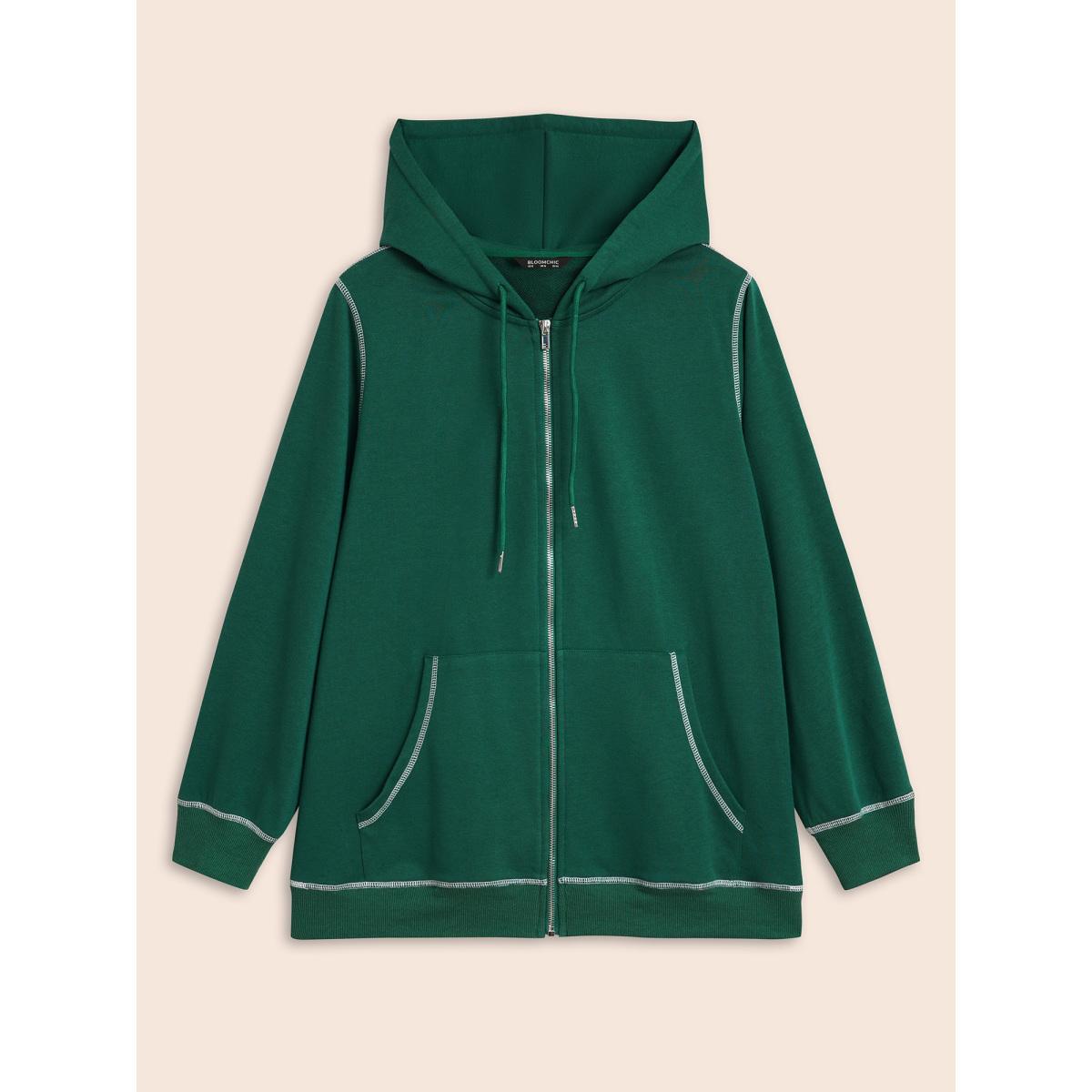 Plus Size Contrast Stitch Hooded Drawstring Sweatshirt Women DarkGreen Casual Topstitching Loose Non Everyday Sweatshirts BloomChic 26/4X Product Image