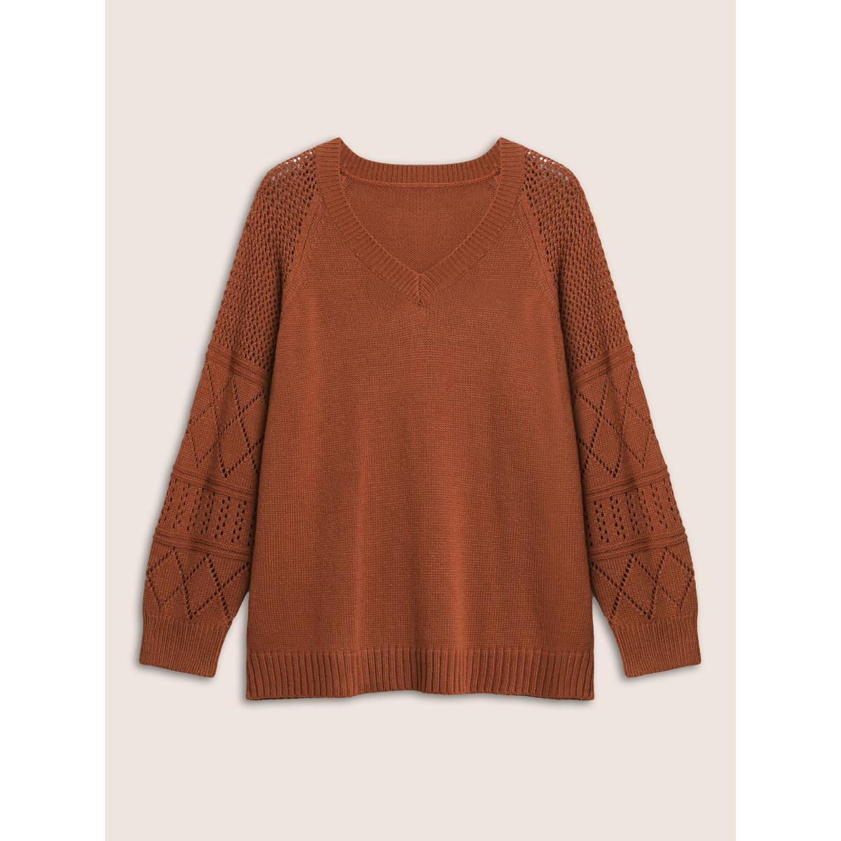 Plus Size Geometric Hollow Out Raglan Sleeve Pullover Chocolate Women Casual Long Sleeve V-neck Everyday Pullovers BloomChic 12/L Product Image
