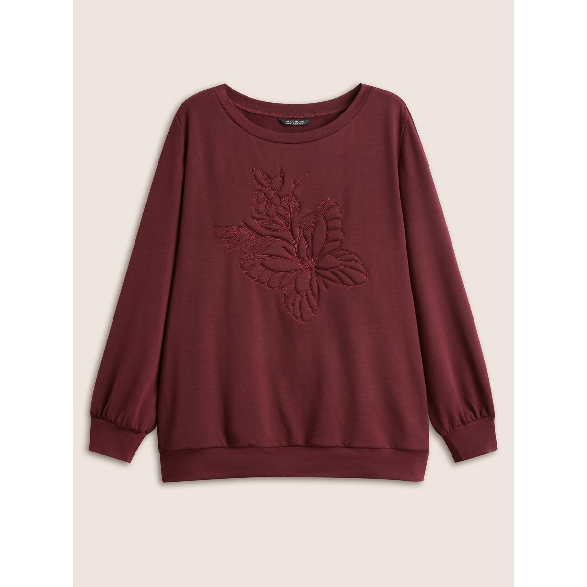 Plus Size Butterfly & Floral Embroidered Crew Neck Sweatshirt Women Burgundy Casual Non Round Neck Everyday Sweatshirts BloomChic 14-16/1X Product Image
