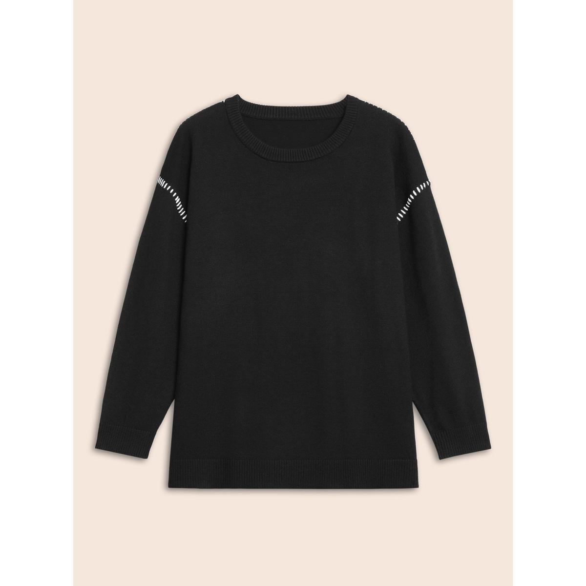 Plus Size Crew Neck Contrast Trim Drop Shoulder Pullover Black Women Casual Long Sleeve Round Neck Everyday Pullovers BloomChic 10/M Product Image