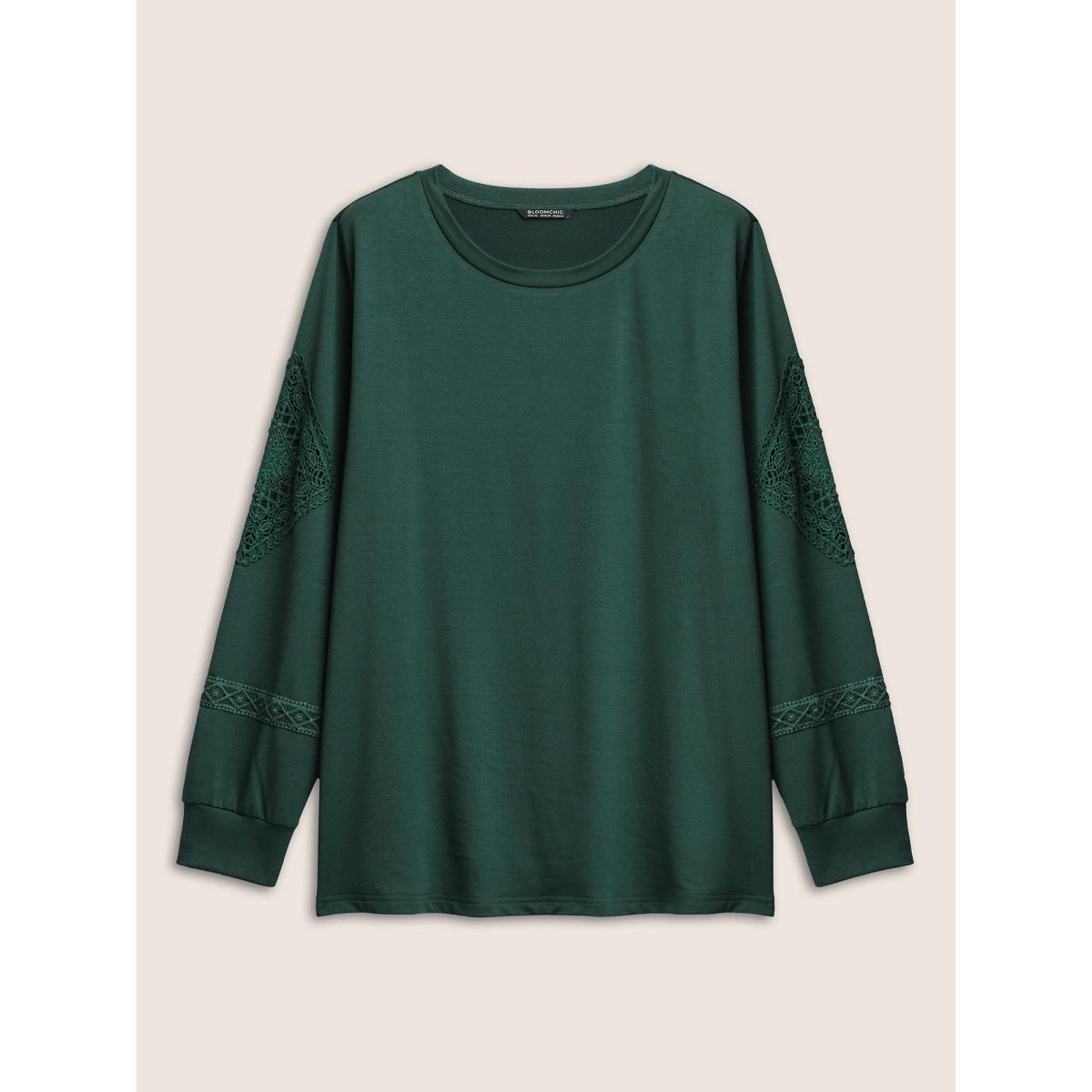 Plus Size Plain Guipure Lace Eyelet Sweatshirt Women DarkGreen Casual Cut-Out Round Neck Everyday Sweatshirts BloomChic 22-24/3X Product Image