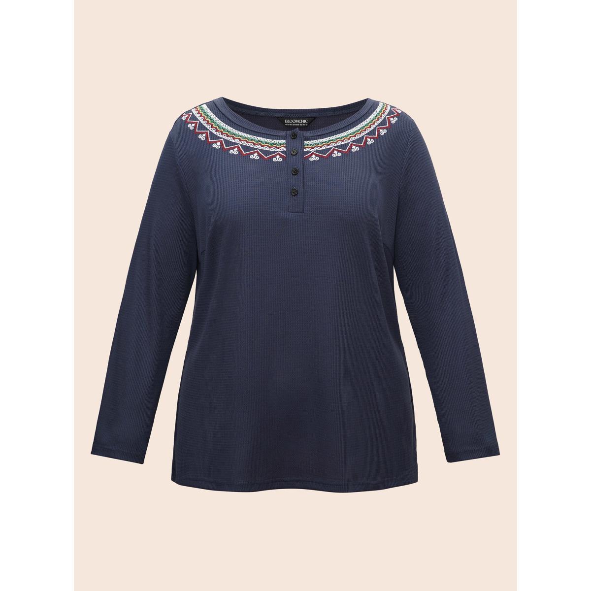Plus Size Bandana Embroidered Button Up T-shirt Indigo Women Casual Embroidered Art&design Round Neck Everyday T-shirts BloomChic 14-16/1X Product Image