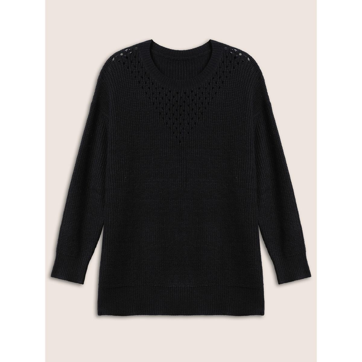 Plus Size Plain Round Neck Hollow Out Drop Shoulder Pullover Black Women Casual Loose Long Sleeve Round Neck Dailywear Pullovers BloomChic 12/L Product Image