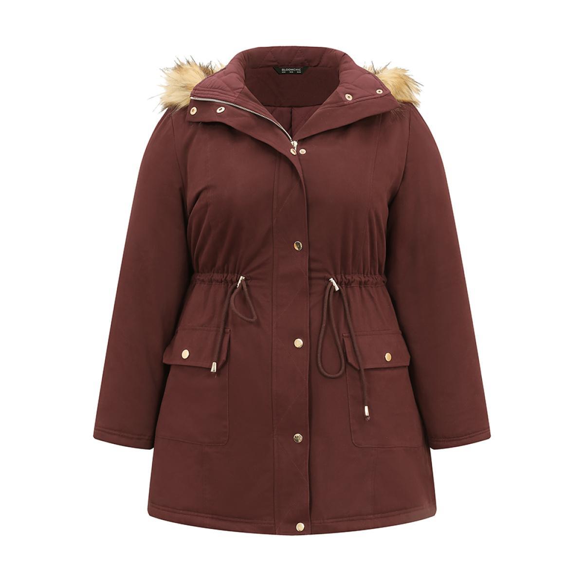 Plus Size Contrast Hooded Fuzzy Trim Drawstring Padded Coat Women Maroon Casual Lined Ladies Dailywear Winter Coats BloomChic 28/5X Product Image