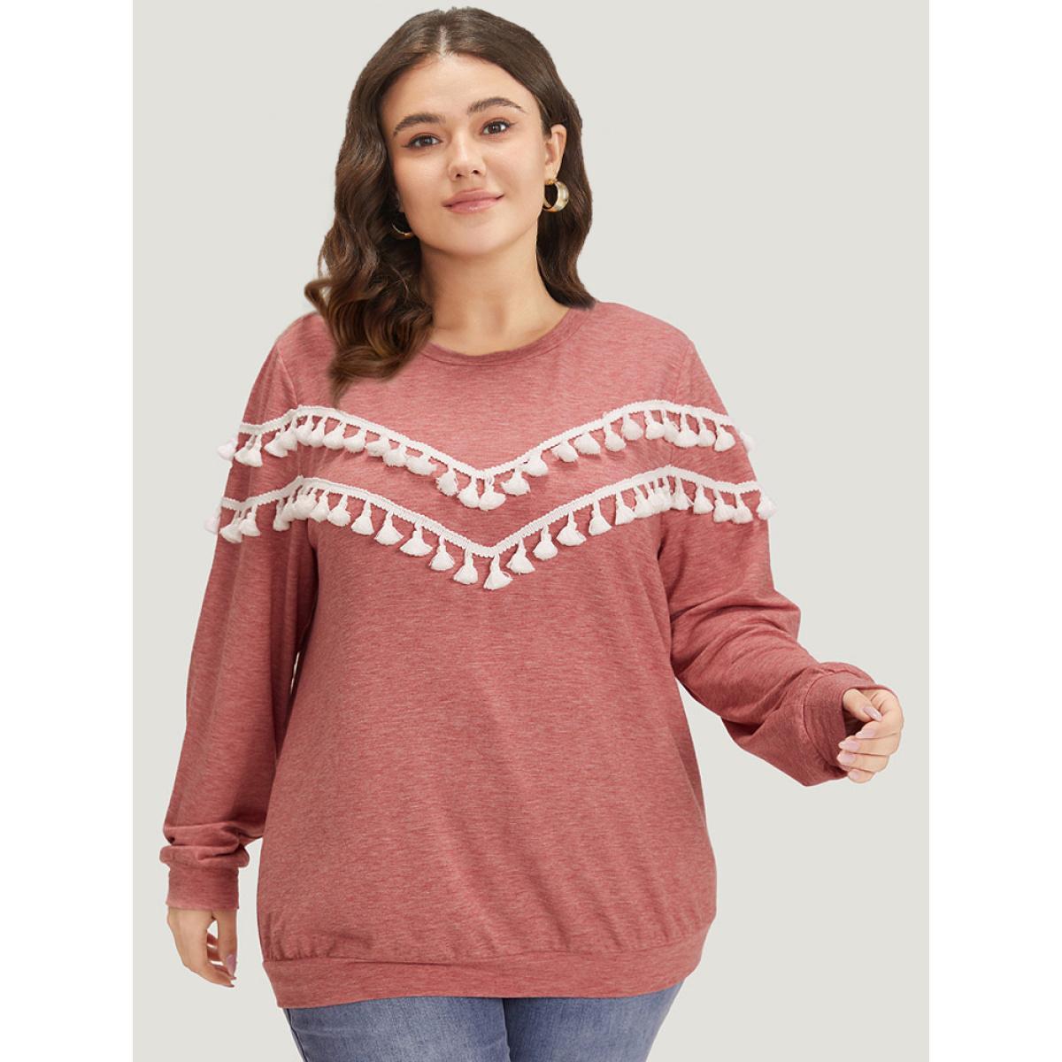 Plus Size plain Heather Crew Neck Tassel Trim Sweatshirt Women Russet Elegant Elastic cuffs Round Neck Dailywear Sweatshirts BloomChic 30/6X Product Image