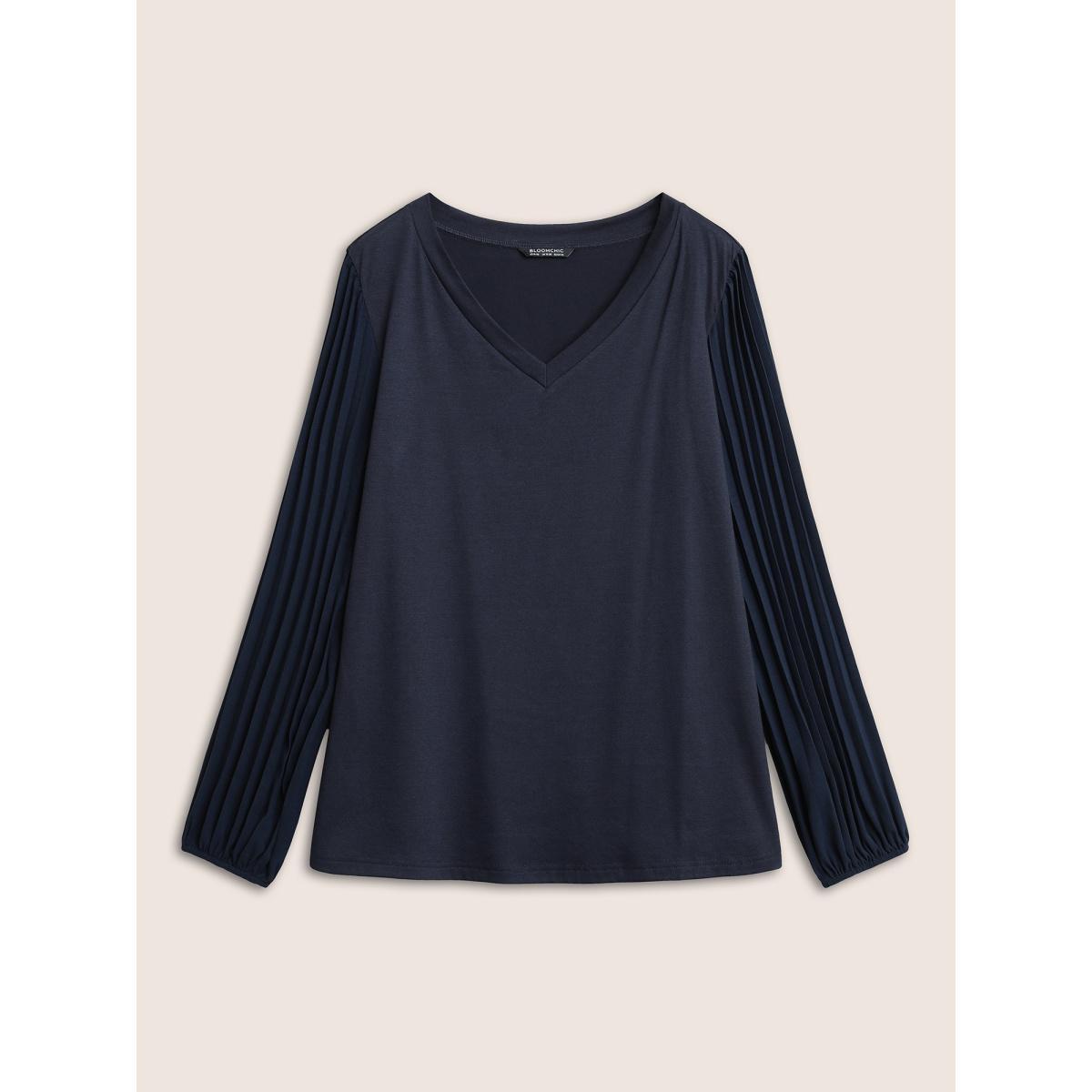 Plus Size Solid Lantern Sleeve Patchwork Pleated T-shirt Midnight Women Casual Pleated Plain V-neck Everyday T-shirts BloomChic 18-20/2X Product Image