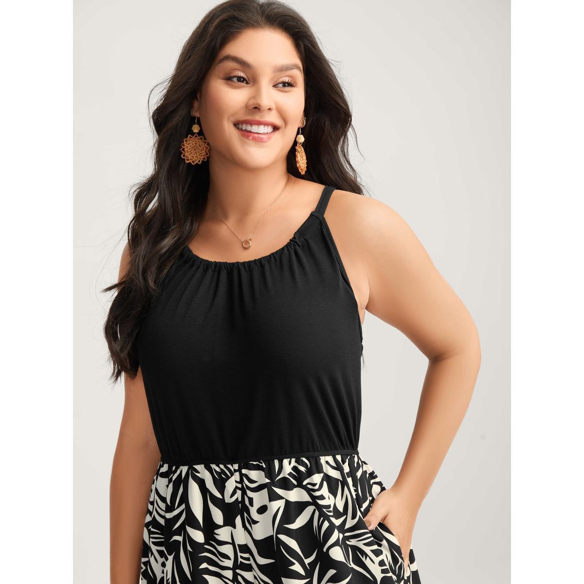 Plus Size Black Leafy Print Halter Neck Sleeveless Jumpsuit Women Sleeveless Round Neck Vacation Loose Jumpsuits BloomChic 18-20/2X Product Image