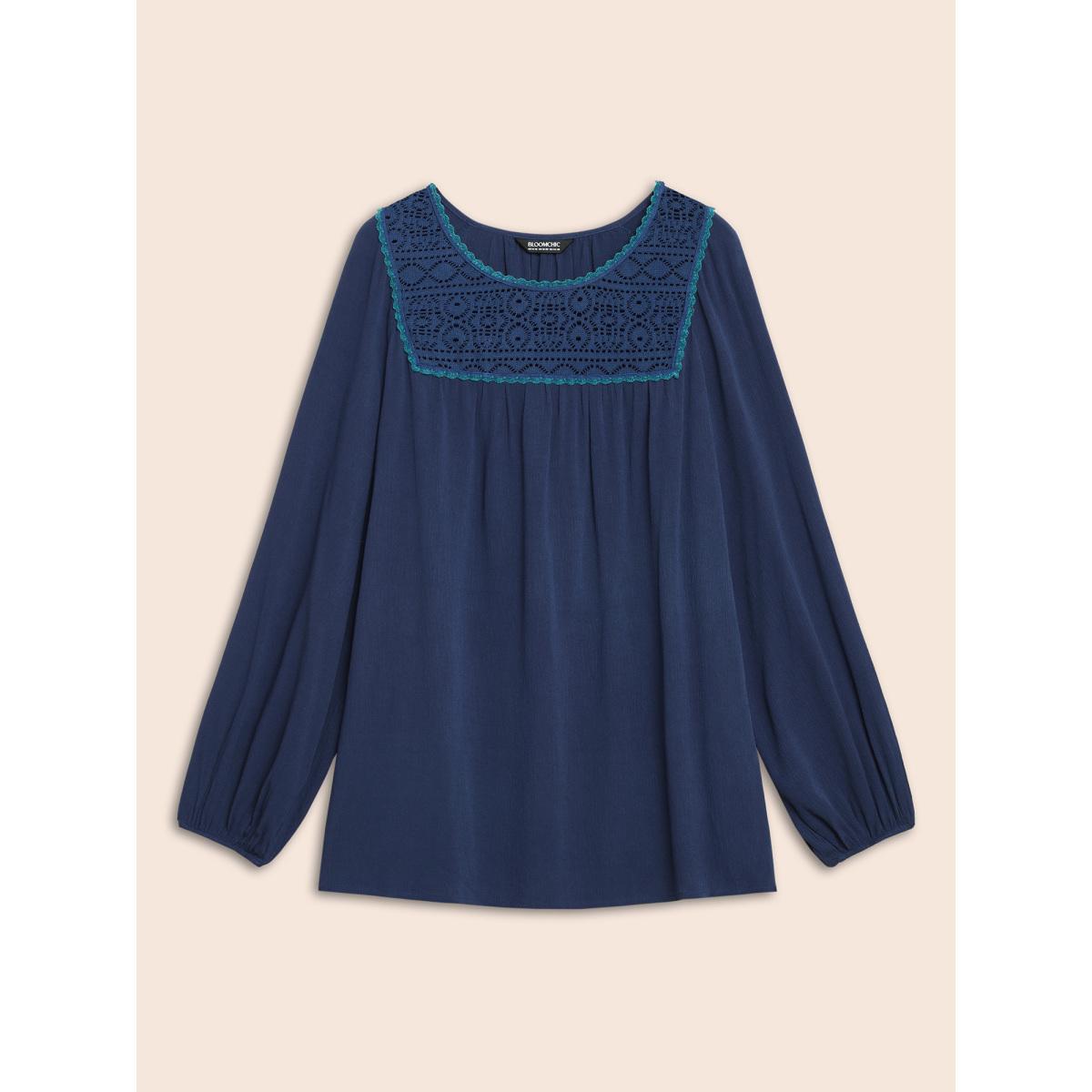 Plus Size Indigo Texture Woven Ribbon Gathered Blouse Women Elegant Long Sleeve Round Neck Everyday Blouses BloomChic 30/6X Product Image