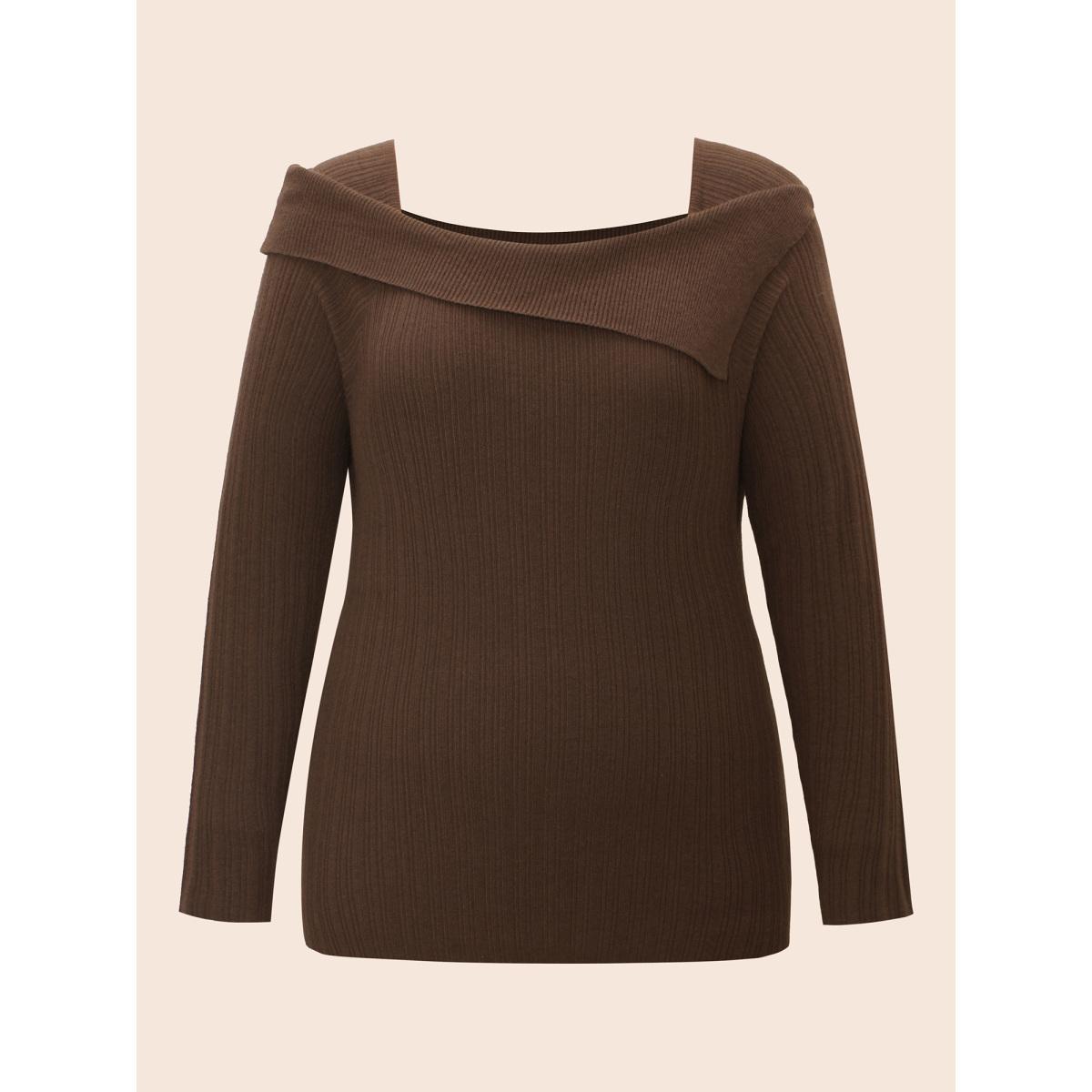 Plus Size Supersoft Essentials Asymmetrical Neck Slim Fit Pullover DarkBrown Women Casual Skinny Long Sleeve Asymmetrical Neck Everyday Pullovers BloomChic 14-16/1X Product Image