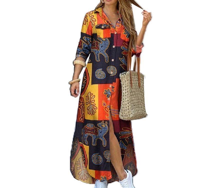 Long-Sleeve Print Maxi Shirt Dress Product Image