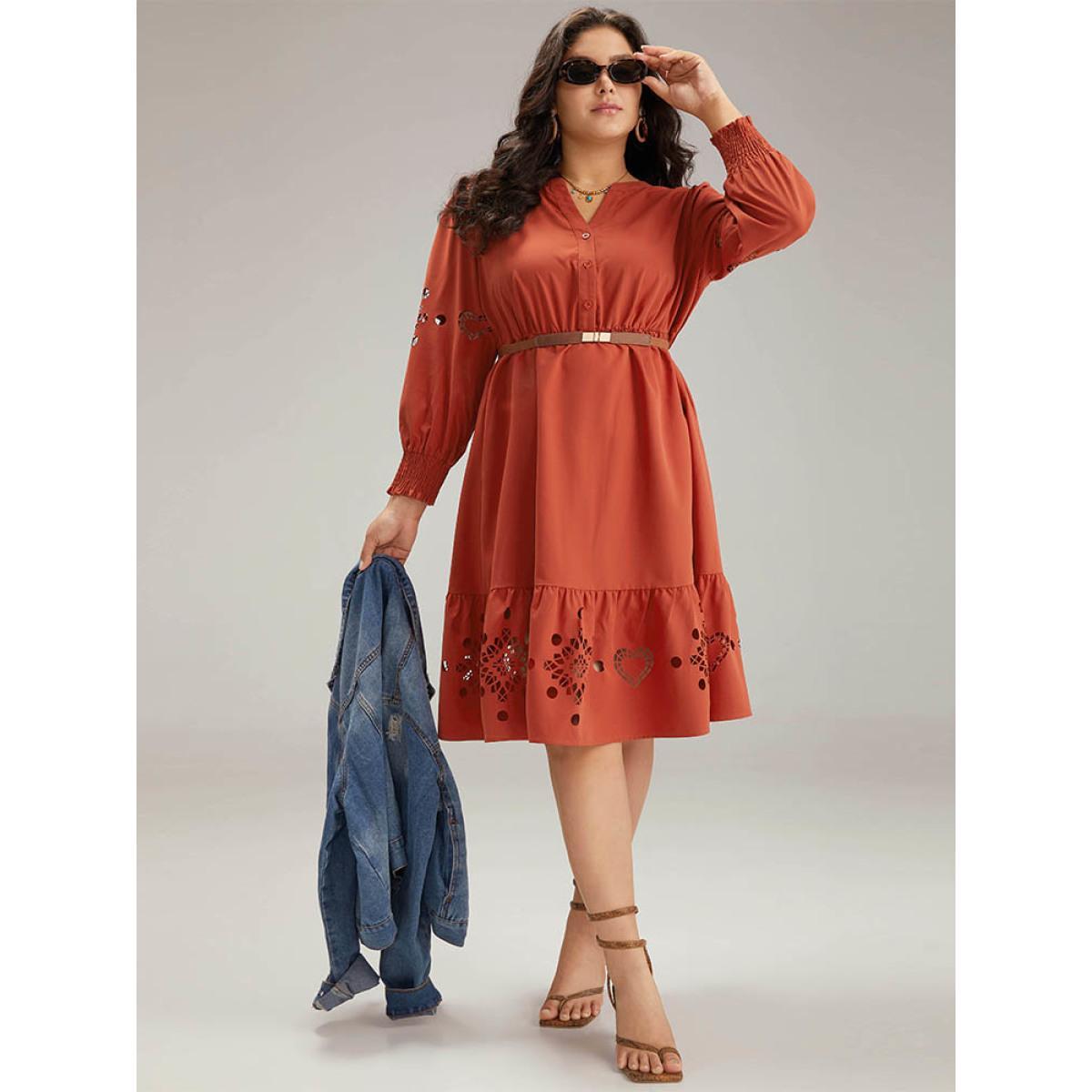 Plus Size Plain Shirred Button Up Laser Cut Dress Maroon Women Vacation Plain Notched collar Long Sleeve Curvy Midi Dress BloomChic 30/6X Product Image