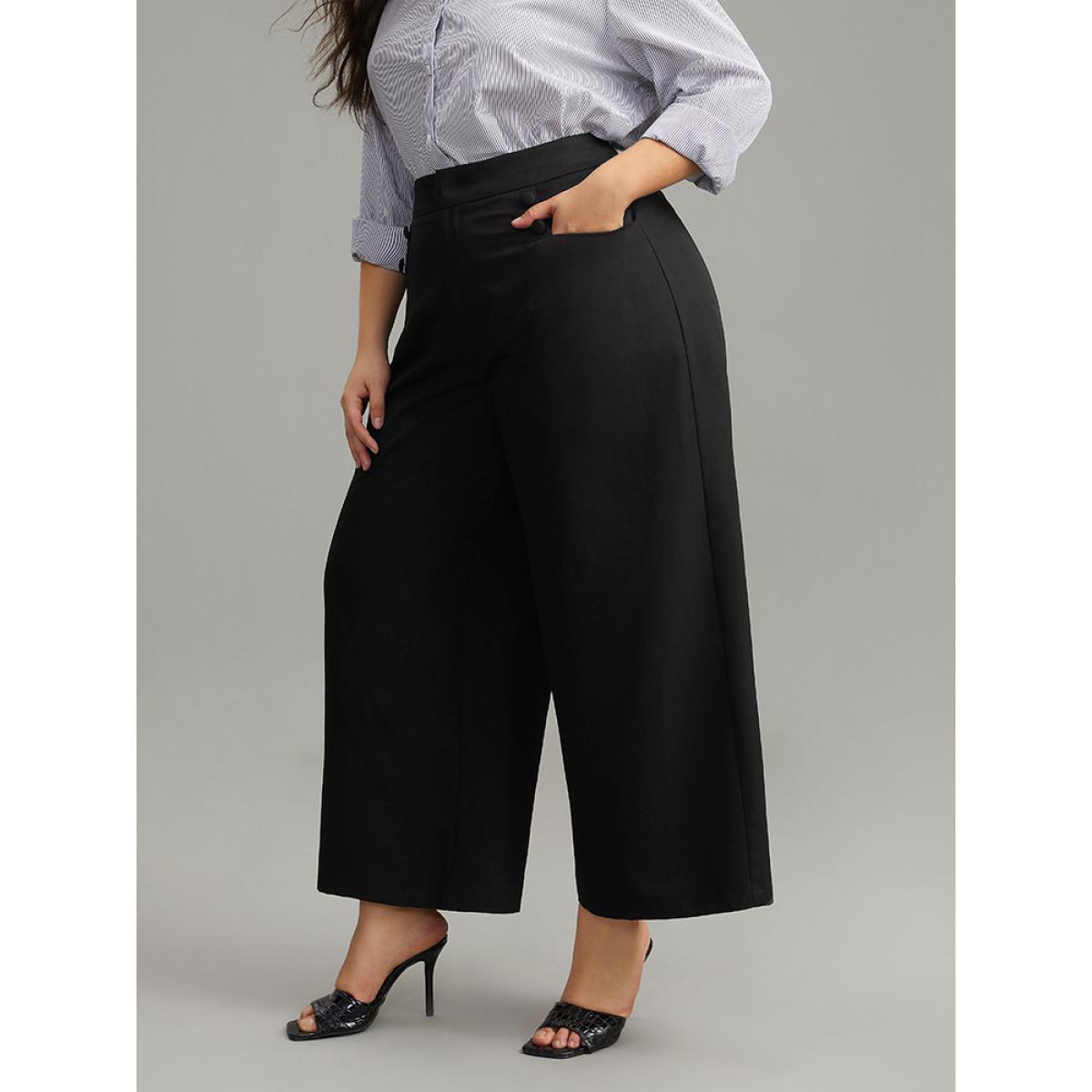 Plus Size Solid Button Detail Wide Leg Pants Women Black Workwear Essentials Wide Leg High Rise Work Pants BloomChic 10/M Product Image