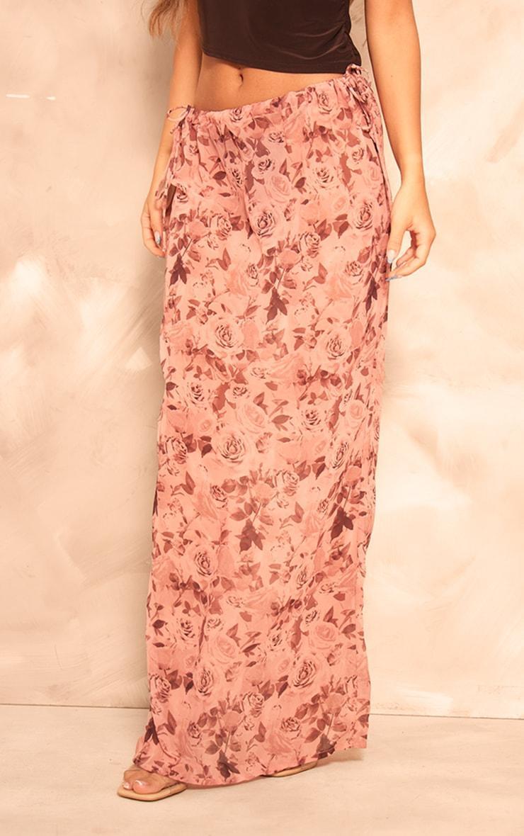 Mocha Rose Print Chiffon Tie Side Maxi Skirt Product Image