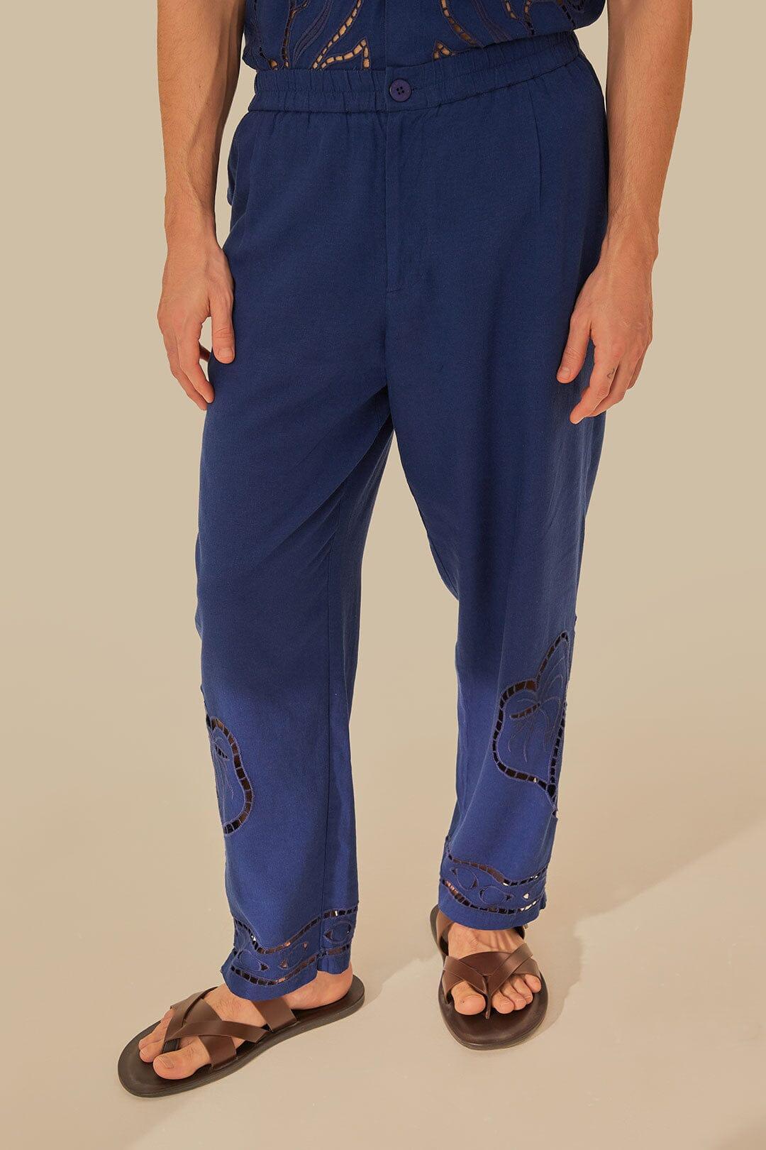 Surrealist Richelieu Embroidered Euroflax Premium Linen Pants, BLUE / XXS Product Image