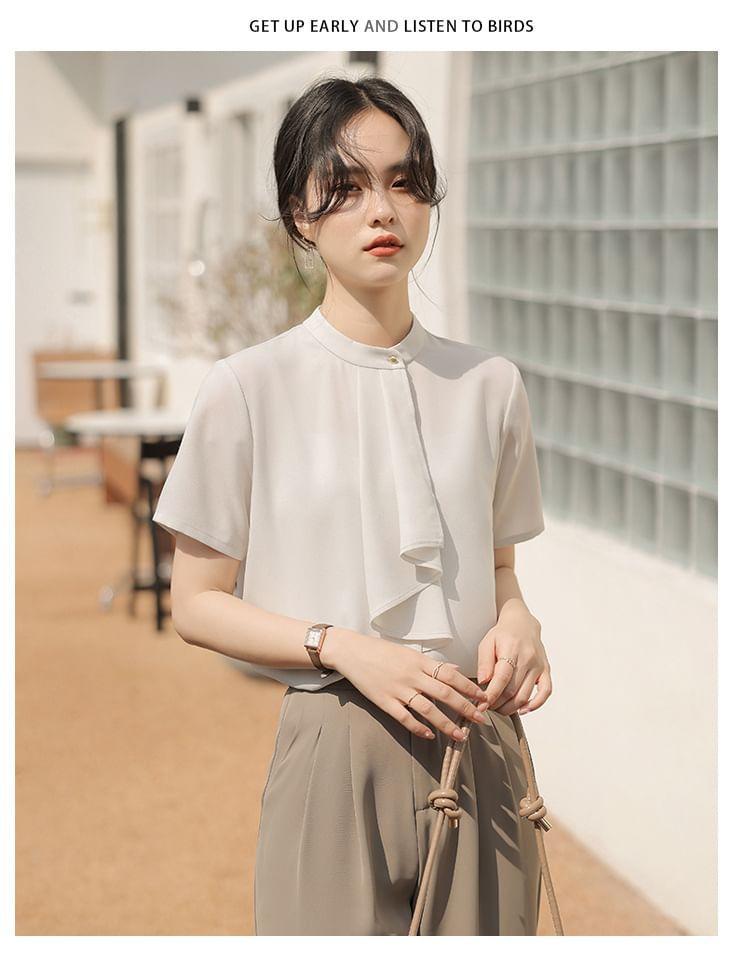 Ruffle Trim Stand Collar Short Sleeve Blouse Product Image