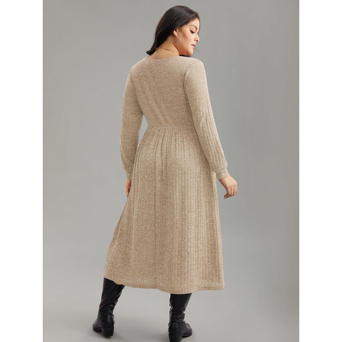 Plus Size Rib Knit Plain Plisse Long Sleeve Dress Beige Women Casual Rib Knit V-neck Long Sleeve Curvy Midi Dress BloomChic 18-20/2X Product Image