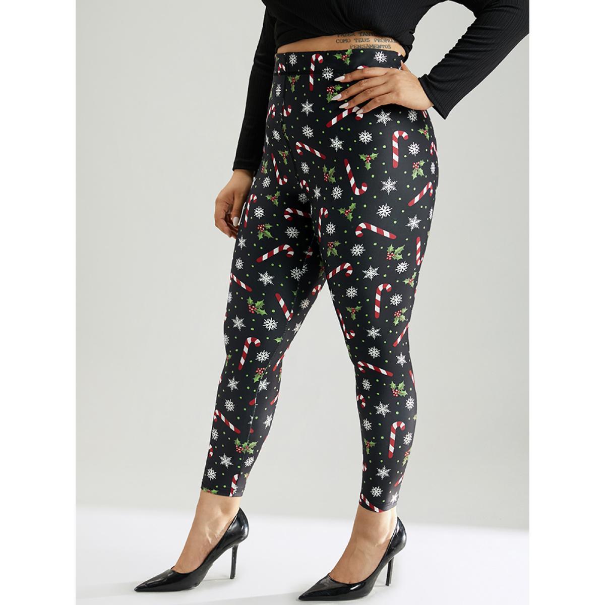 Plus Size Christmas Print Elastic Waist Skinny Leggings Women BlackFlower Casual High stretch Skinny High Rise Festival-Christmas Leggings BloomChic 26/4X Product Image