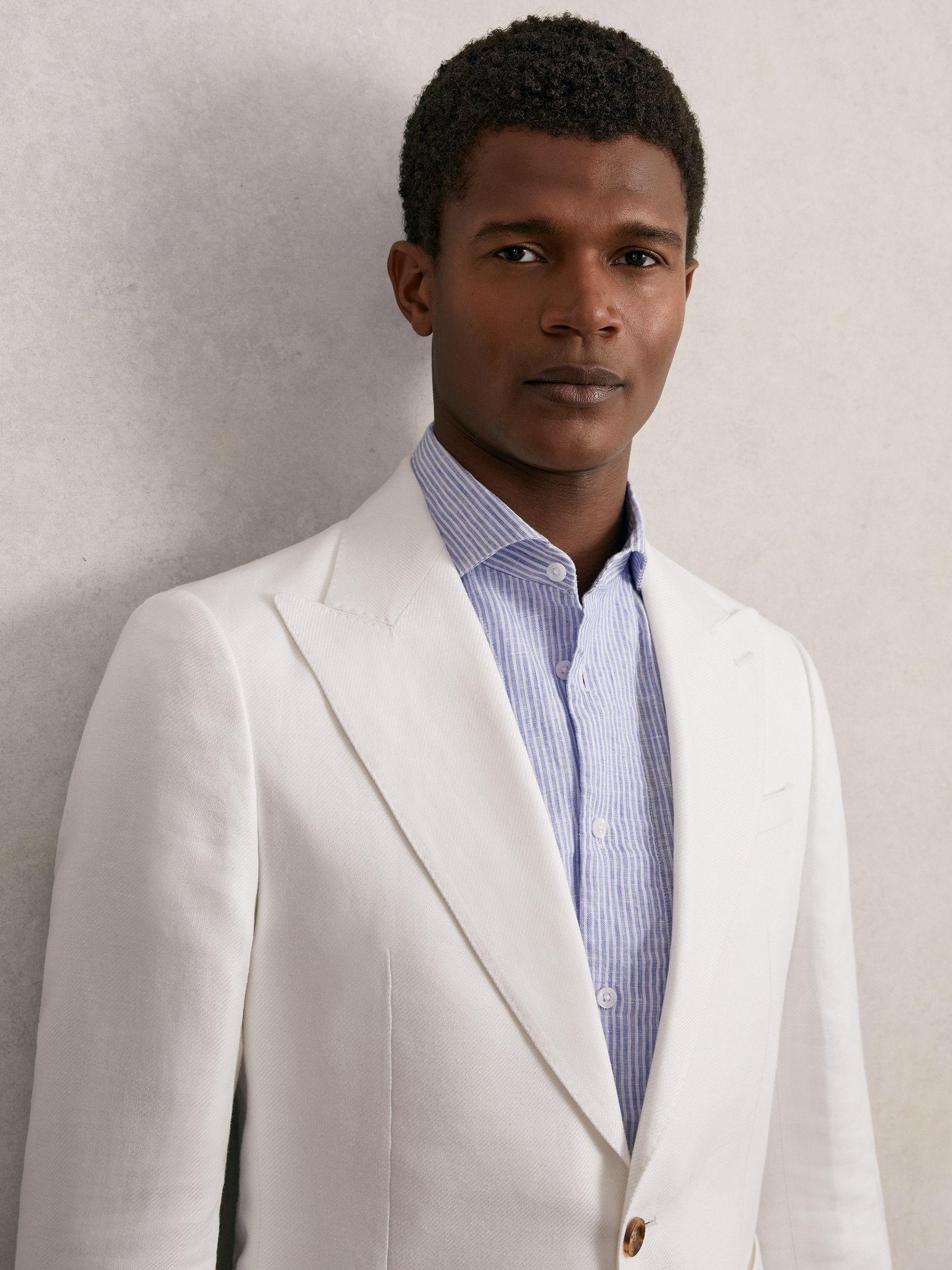 Slim Fit Lyocell Linen Single Breasted Suit Blazer in White Product Image