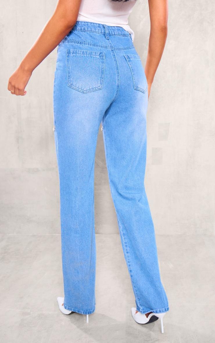 Tall Mid Blue Wash Diamante Cut Out Detail Mid Rise Straight Leg Jeans Product Image