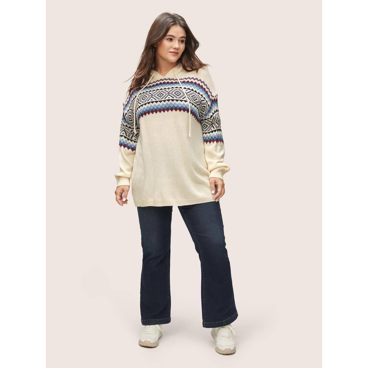 Plus Size Geometric Jacquard Drop Shoulder Drawstring Pullover Ivory Women Casual Loose Long Sleeve Hooded Everyday Pullovers BloomChic 12/L Product Image