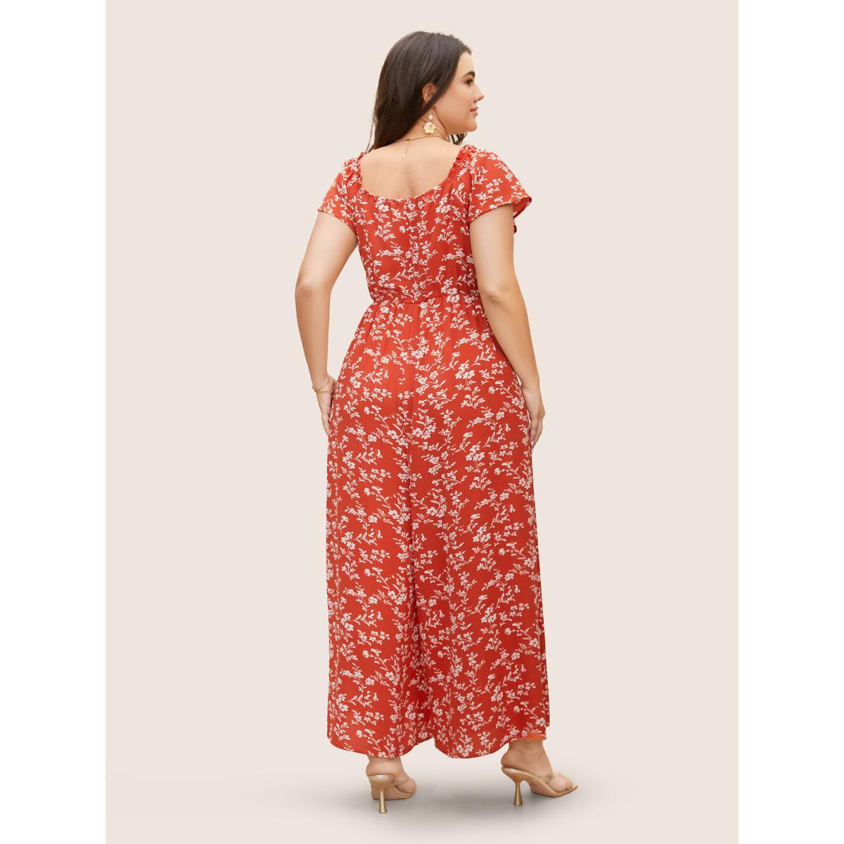 Plus Size Rust Crew Neck Ditsy Floral Tie Knot Jumpsuit Women Elegant Cap Sleeve Round Neck Everyday Loose Jumpsuits BloomChic 14-16/1X Product Image
