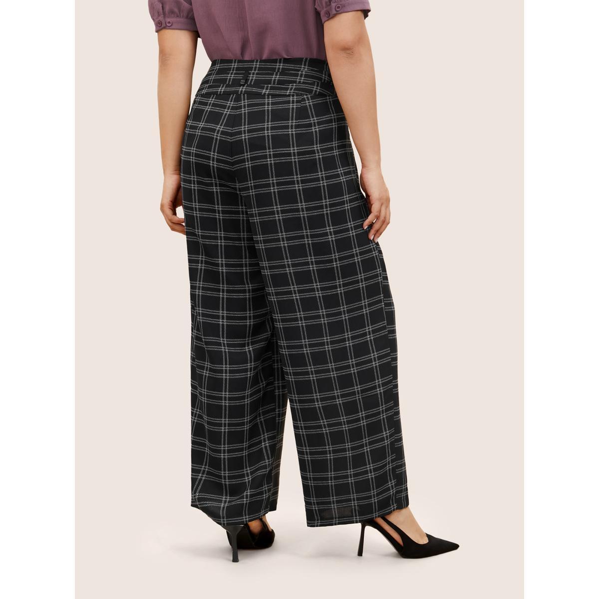 Plus Size Plaid Button Detail Slanted Pocket Wide Leg Pants Women Black At the Office Wide Leg High Rise Work Pants BloomChic 18-20/2X Product Image