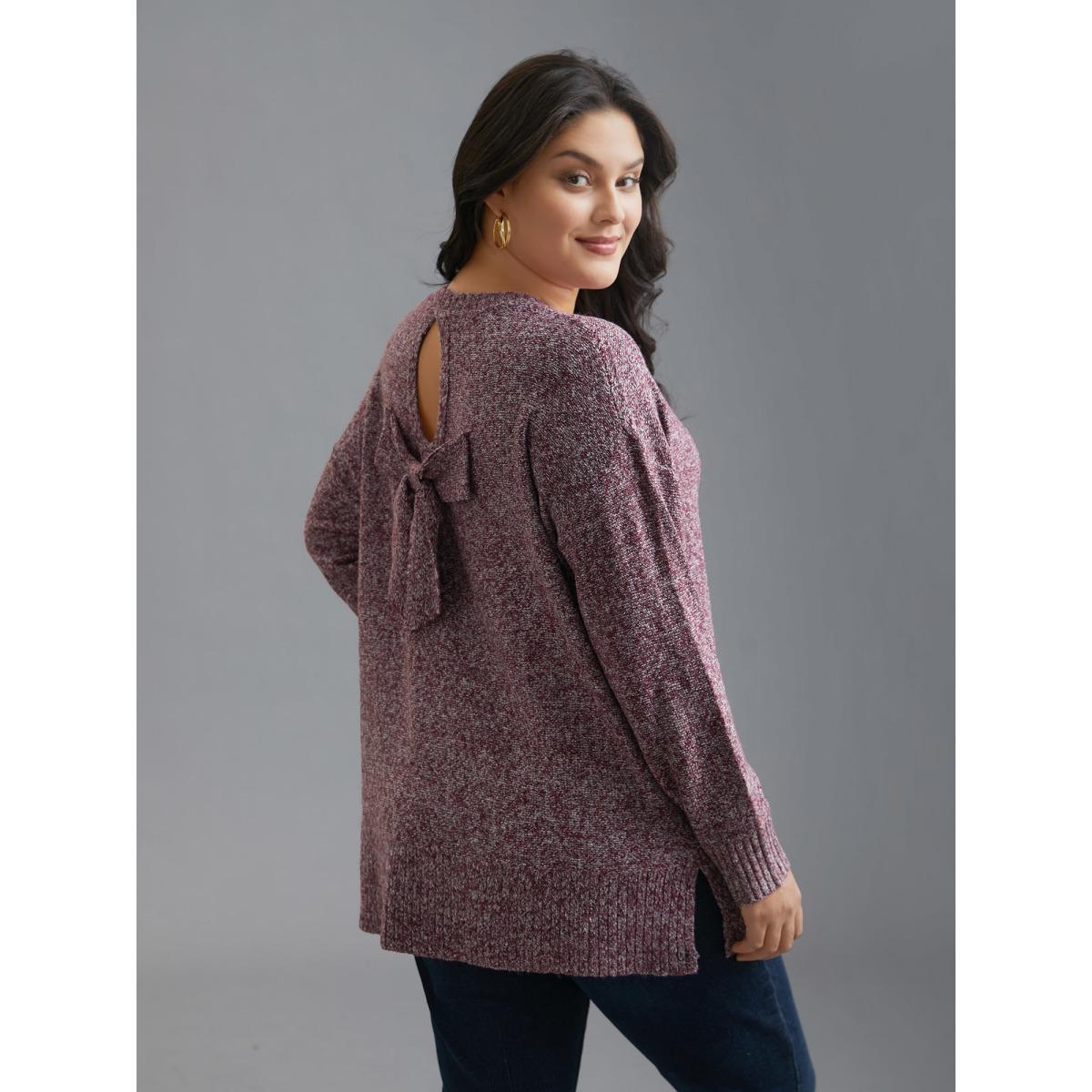 Plus Size Texture Bowknot Cut Out Slit Hem Pullover Plum Women Casual Loose Long Sleeve Round Neck Everyday Pullovers BloomChic 22-24/3X Product Image
