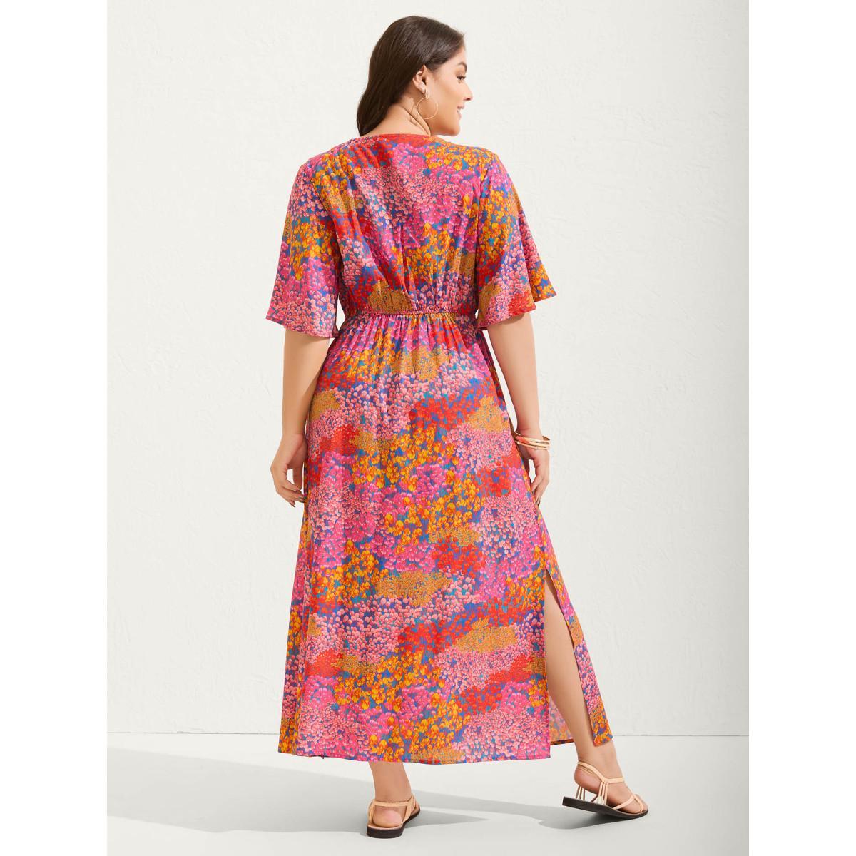 Plus Size Floral Lace Trim Flowy Sleeve Midi Dress Multicolor Women V-neck Elbow-length sleeve Curvy BloomChic 30/6X Product Image