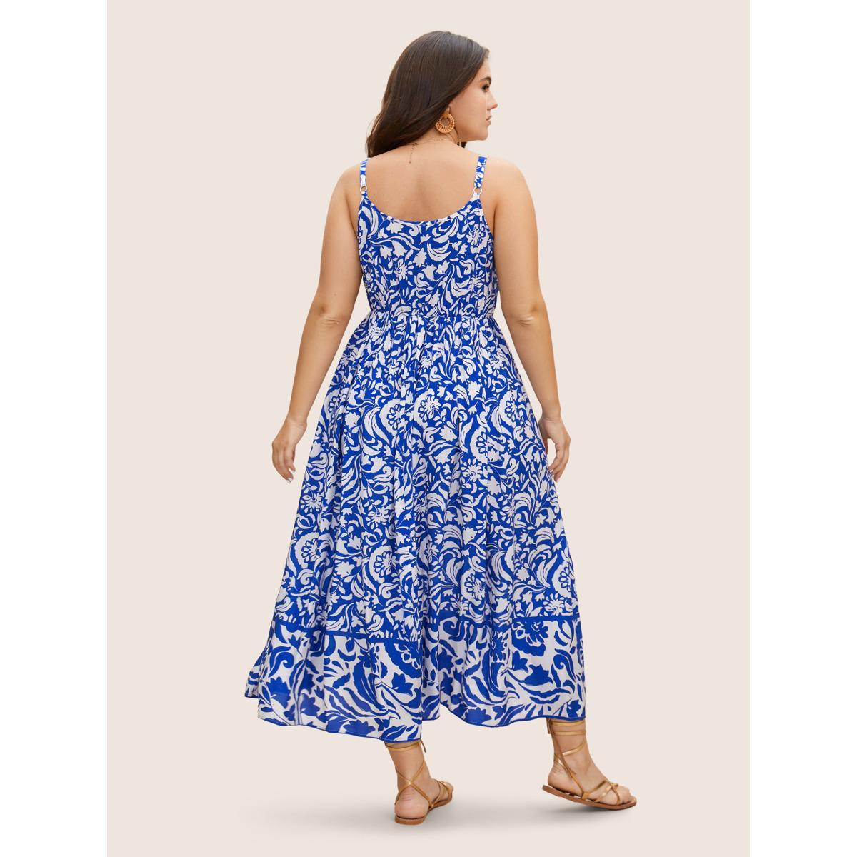 Plus Size Rayon Boho Print Wrap Cami Dress Brightblue Women Resort Ruffles Overlap Collar Sleeveless Curvy BloomChic 14-16/1X Product Image