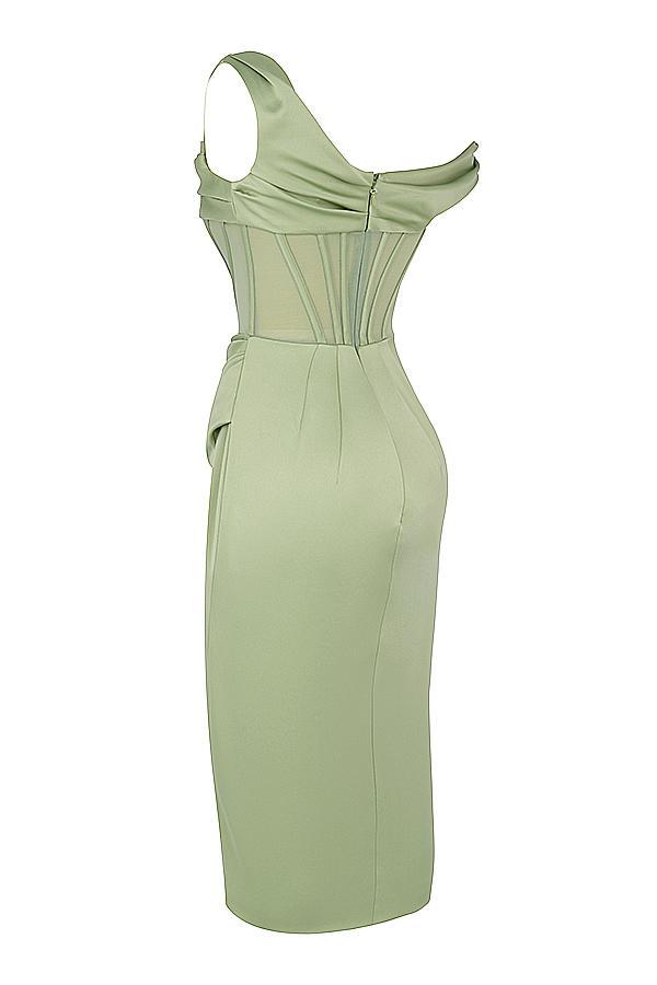 Lulu Pistachio Asymmetric Drape Midi Corset Dress Product Image