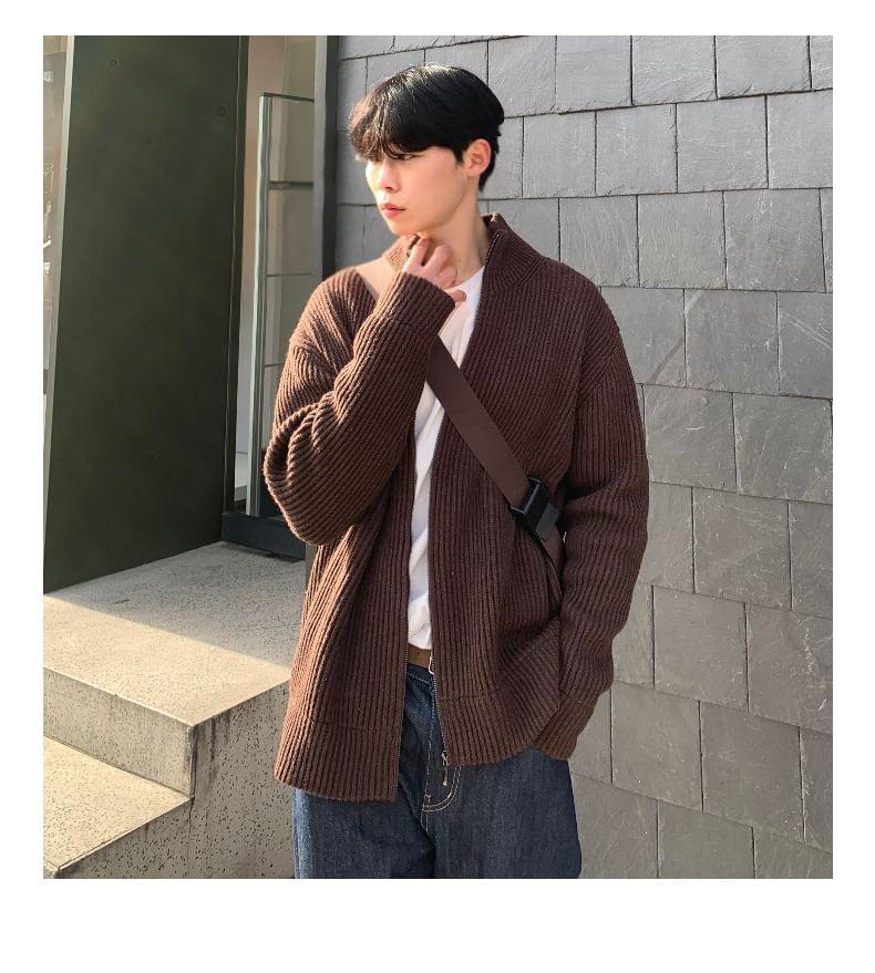 Stand Collar Plain Ribbed Zip Cardigan Product Image