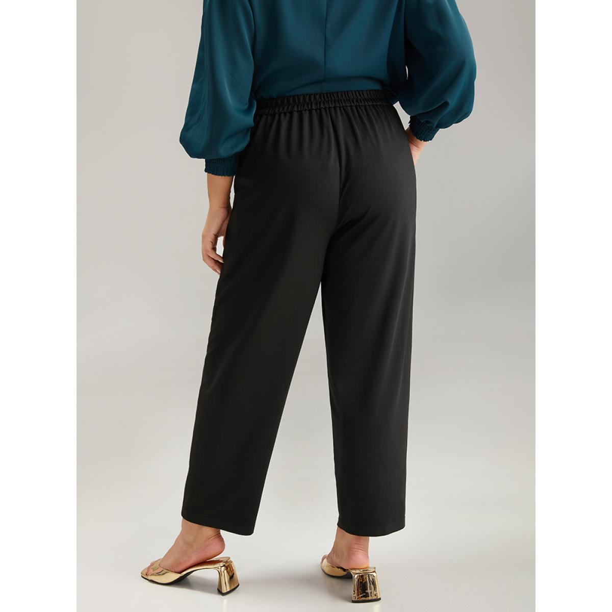 Plus Size Plain Pocket Buckle Detail Elastic Waist Pants Women Black Office Bodycon High Rise Work Pants BloomChic 26/4X Product Image