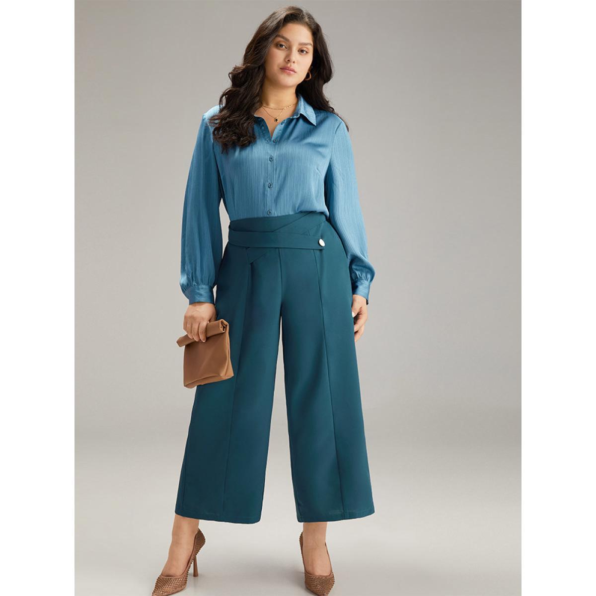 Plus Size Anti-Wrinkle Solid Metal Detail Drape Pants Women Aegean Office Straight Leg Mid Rise Work Pants BloomChic 30/6X Product Image