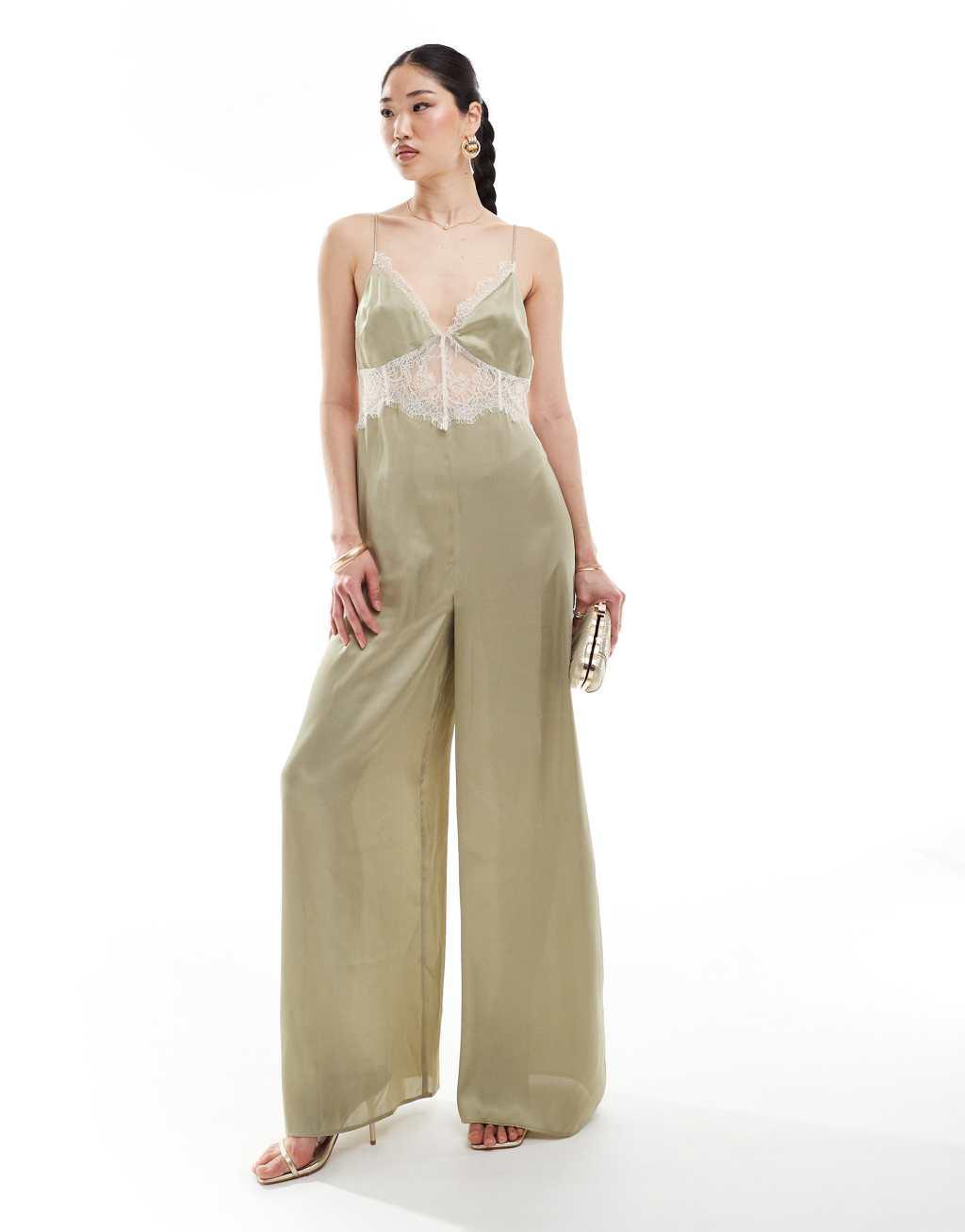 ASOS DESIGN lace insert satin cami jumpsuit in khaki  Product Image