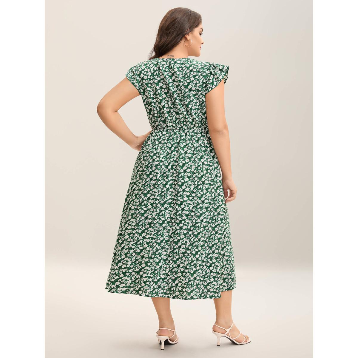 Plus Size Breezy Floral Print Flutter Sleeve Midi Dress Truegreen Women Elegant Ruffles Overlap Collar Cap Sleeve Curvy BloomChic 18-20/2X Product Image
