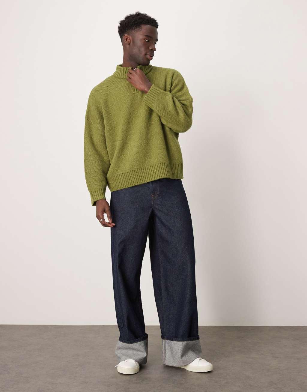 ASOS DESIGN super oversized boxy fit brushed knitted quarter zip sweater in khaki Product Image