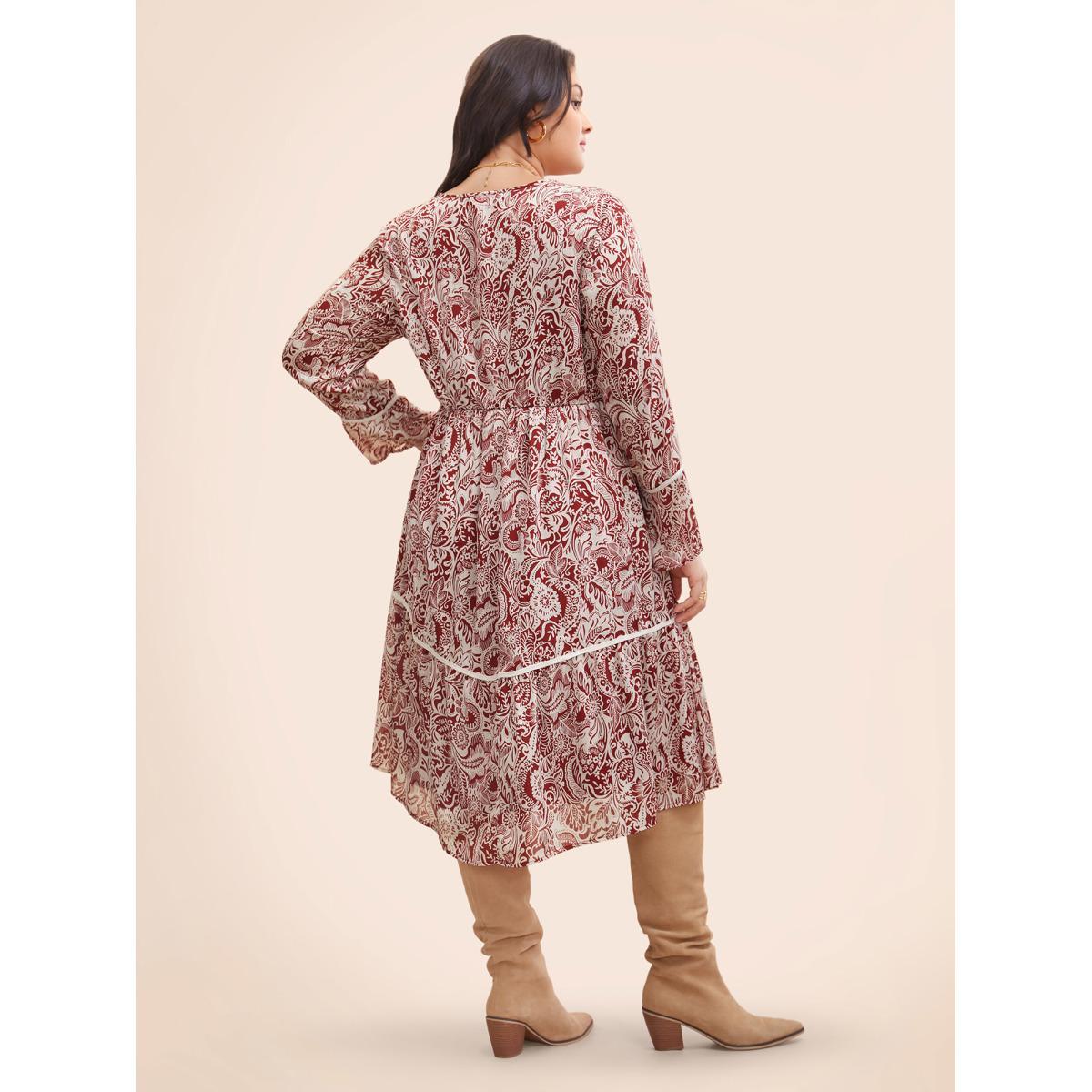 Plus Size Bandana Woven Ribbon Bell Sleeve Dress Scarlet Women Resort Woven ribbon&lace trim Notched collar Long Sleeve Curvy BloomChic 22-24/3X Product Image