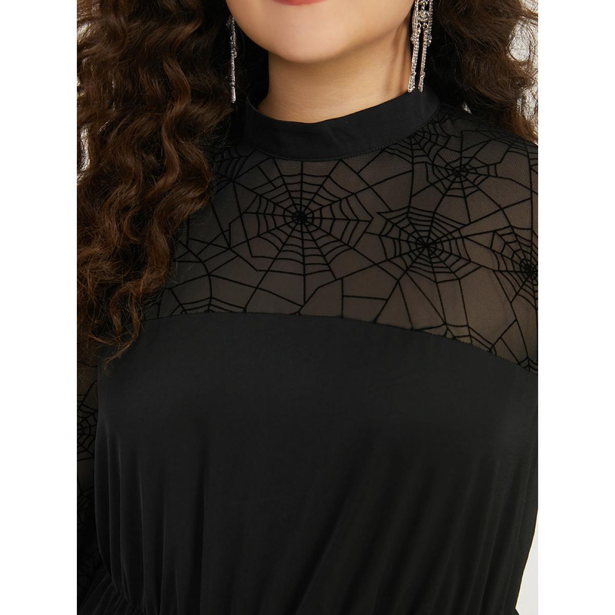 Plus Size Black Halloween Anti-Wrinkle Spider Web Crochet Lace Mesh Jumpsuit Women Glamour Long Sleeve Mock Neck Festival-Halloween Loose Jumpsuits BloomChic 12/L Product Image