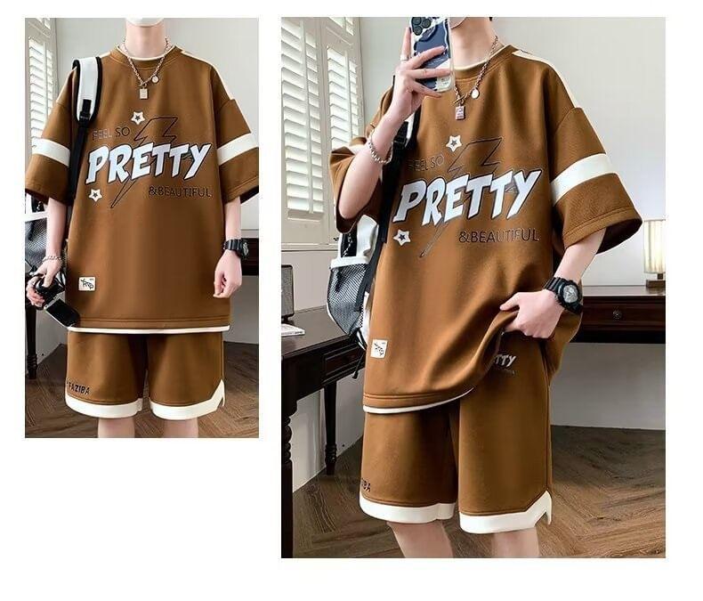 Set: 3/4-Sleeve Crew Neck Mock Two-Piece Two Tone Lettering Print T-Shirt + Drawstring Waist Wide Leg Sweat Shorts Product Image