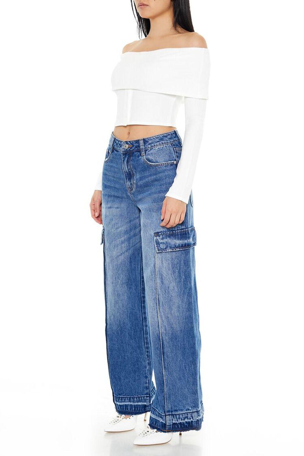 Frayed Wide-Leg Cargo Jeans | Forever 21 Product Image