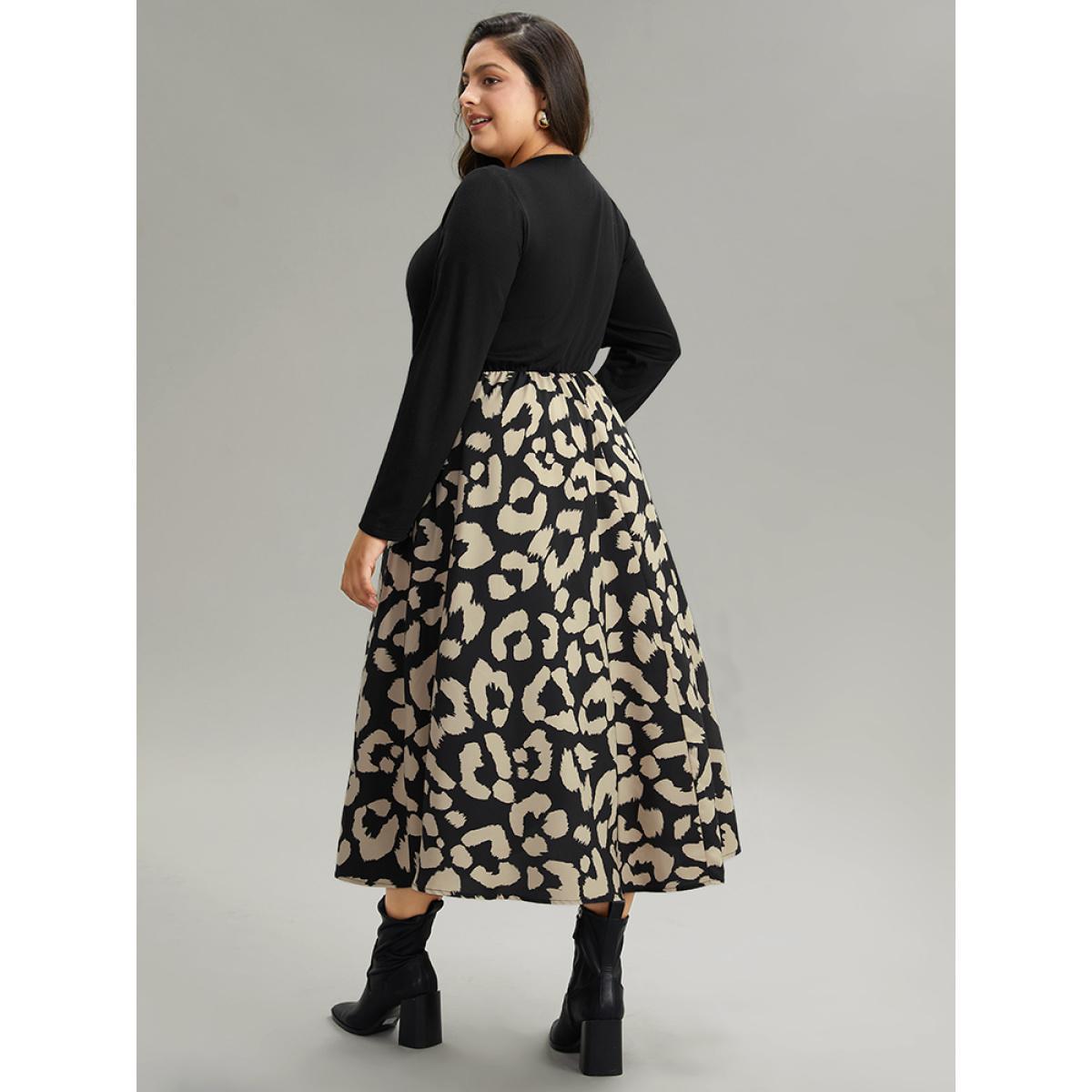 Plus Size Leopard Patchwork Pocket Twist Front Dress Black Women At the Office Printed V-neck Long Sleeve Curvy Midi Dress BloomChic 22-24/3X Product Image