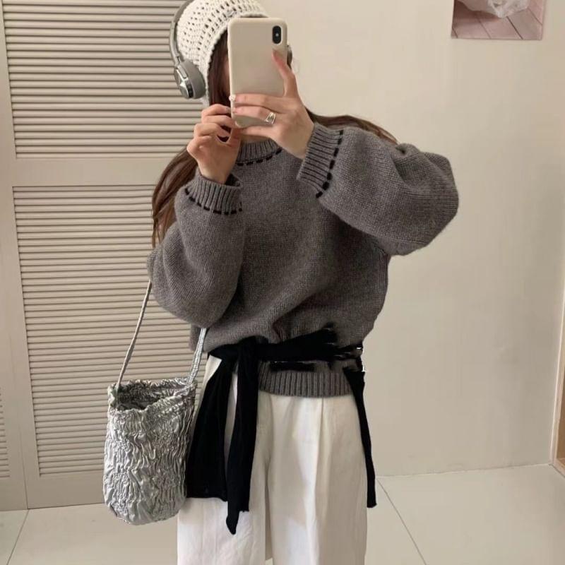Crewneck Contrast Stitching Plain Sweater Product Image