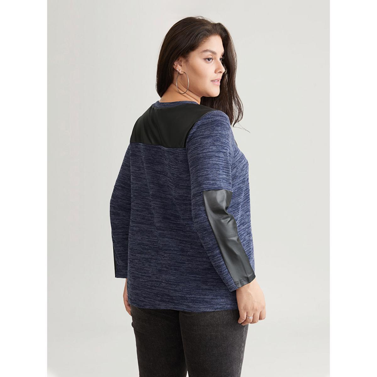 Plus Size Patchwork Heather Contrast Patched Pocket T-shirt Indigo Women Casual Contrast Plain Round Neck Dailywear T-shirts BloomChic 10/M Product Image