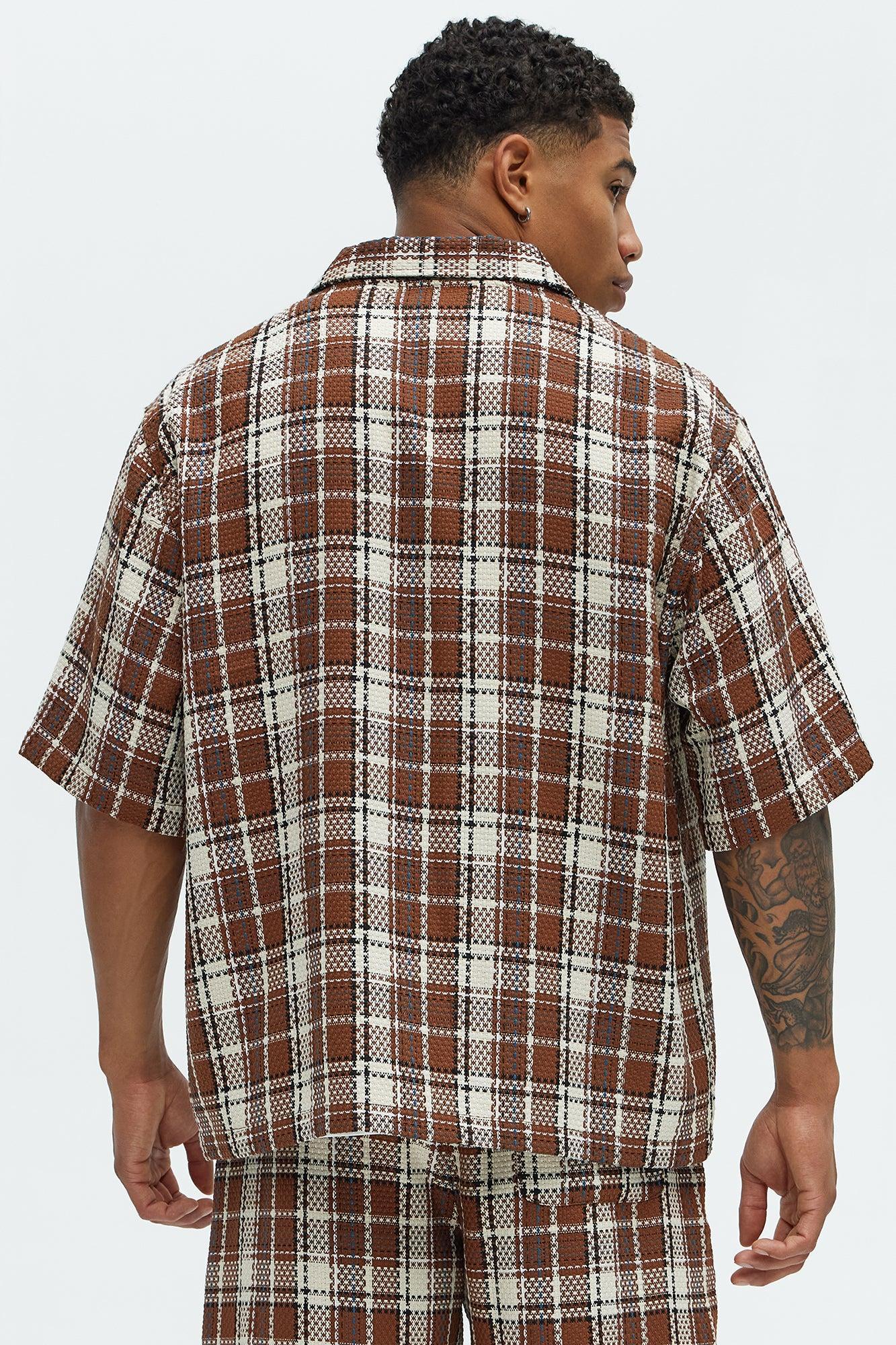 Plaid Basket Weave Cropped Button Up Shirt - Brown Combo Product Image