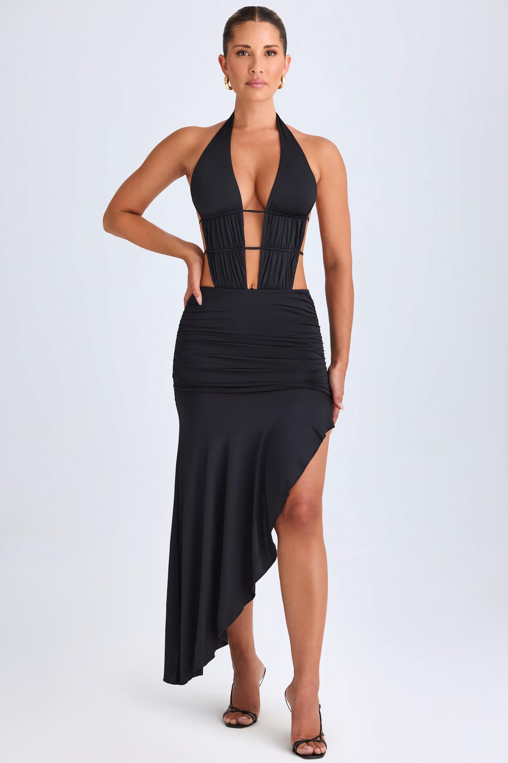 Asymmetric Cut-Out Halterneck Midaxi Dress in Black Product Image