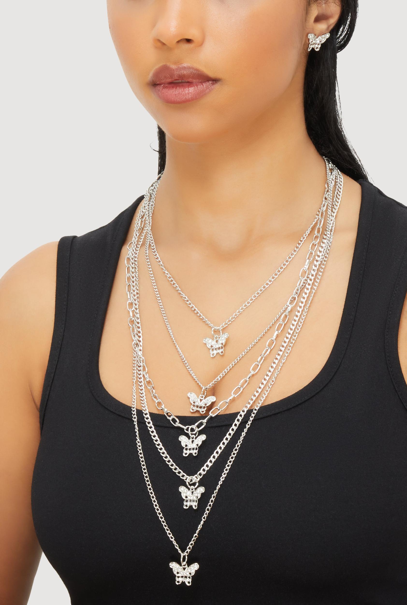 Butterfly Charm Layered Chain Necklace and Earrings Male Product Image