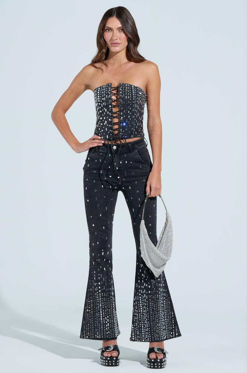 POPSTAR BLACK DENIM CORSET WITH RHINESTONE Product Image