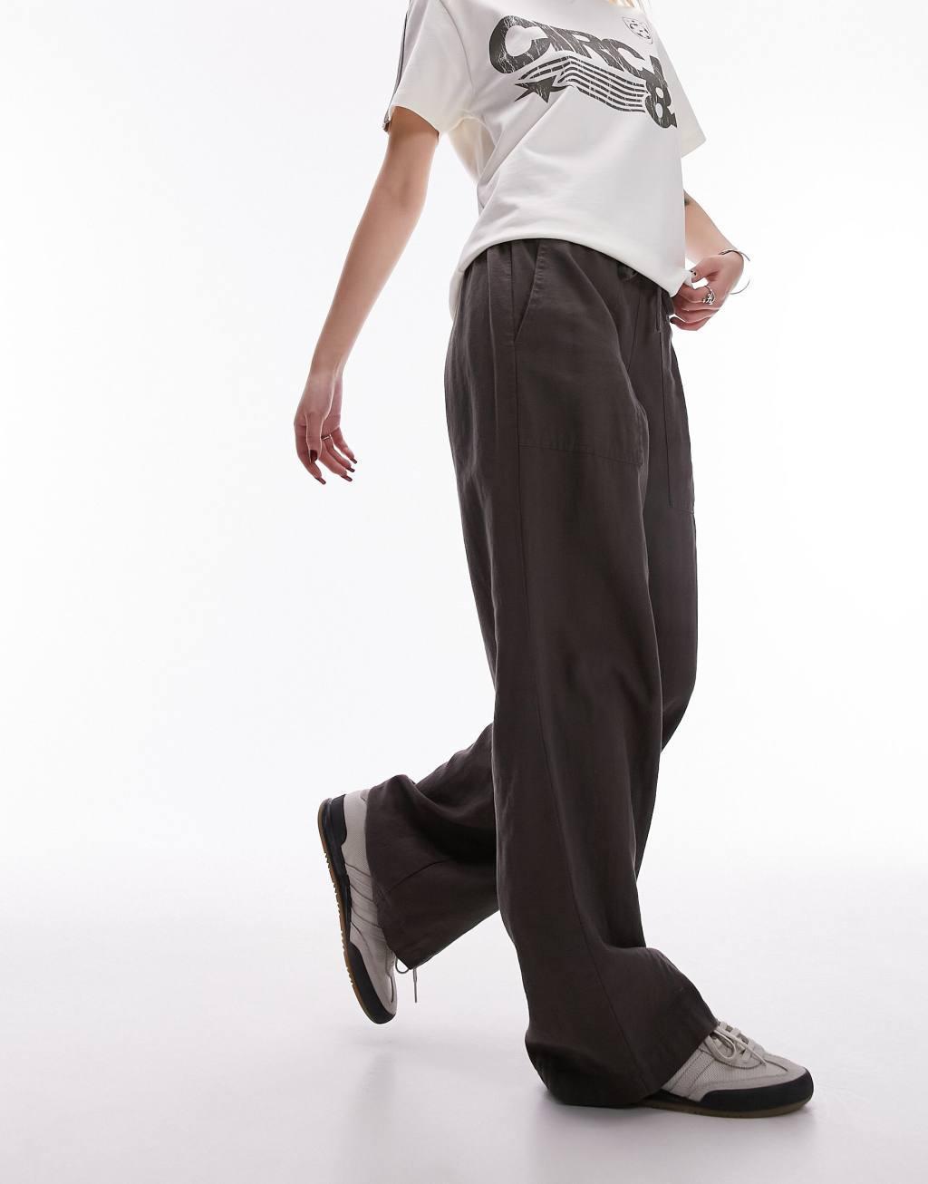 Topshop Petite linen low rise draw cord waist straight leg pants in charcoal Product Image